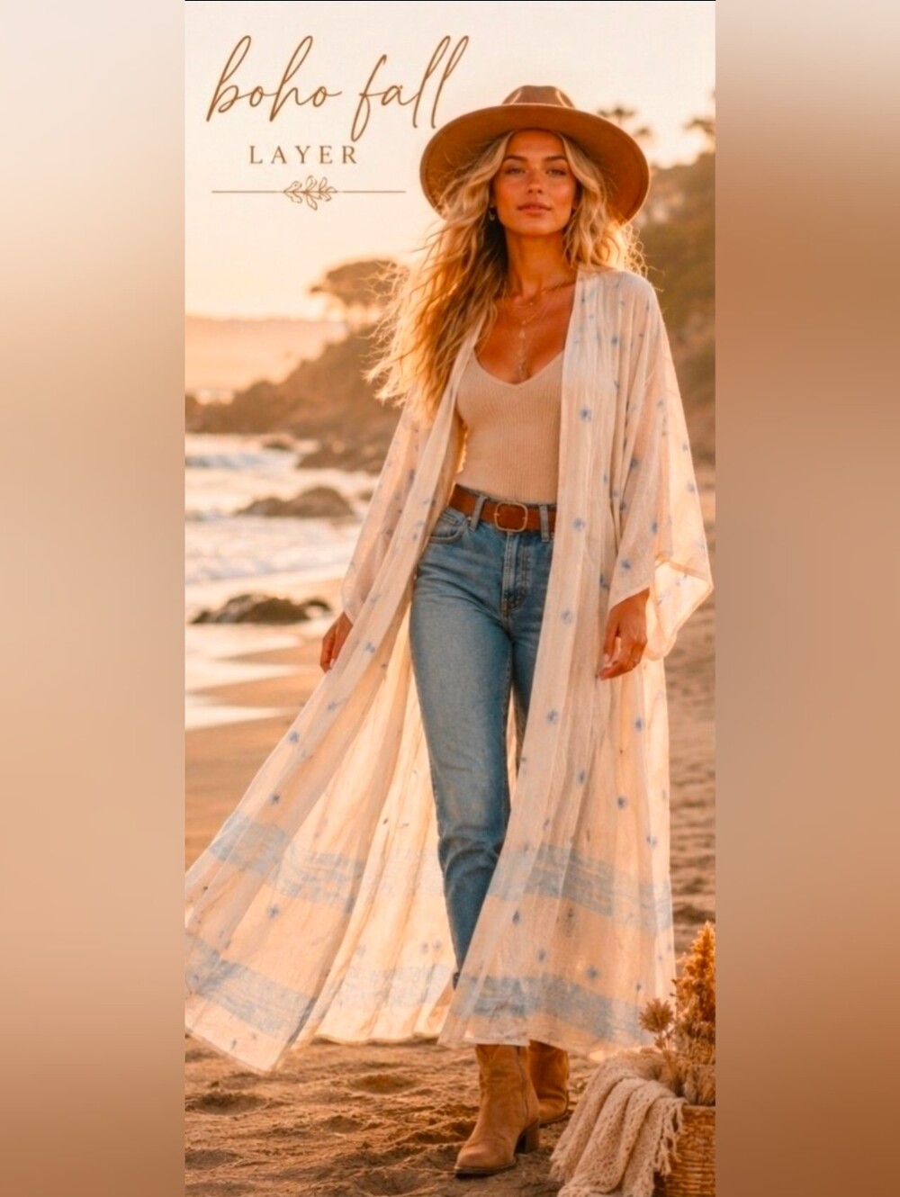 Free People Laurel Canyon Aura Kimono Textured Duster One Size Ivory/Blue $168